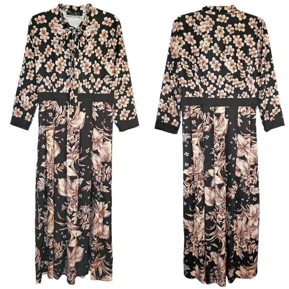 Dalia MacPhee Floral Pleated Tie Neck Maxi Dress